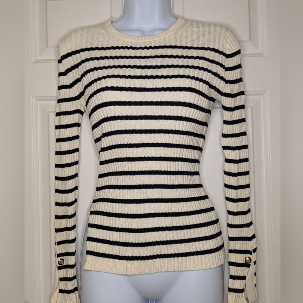 Massimo Dutti Cream And Black Ribbed Knit Sweater Size S